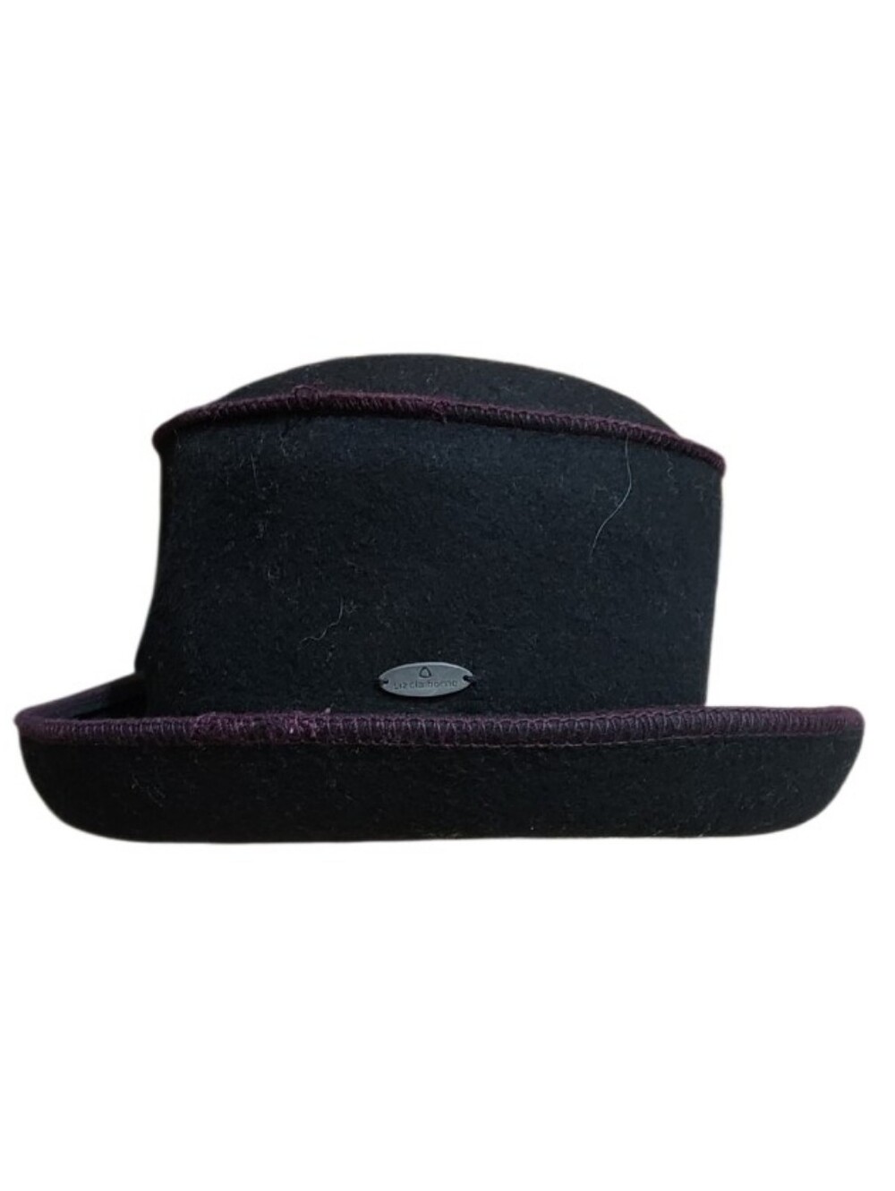 Liz Claiborne Black Wool Felt Hat with Plum Trim
